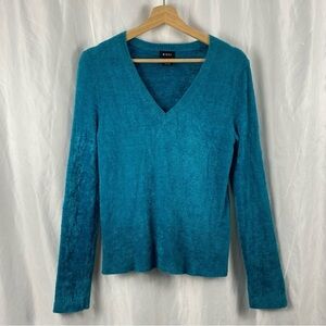 EVIE Y2K Vintage Teal Blue Knit Fuzzy V-Neck Long Sleeve Cropped Top Size M